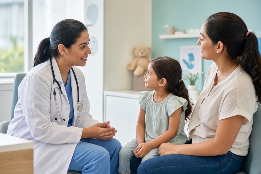 Consulta pediátrica general con doctora pediatra y niño en consultorio